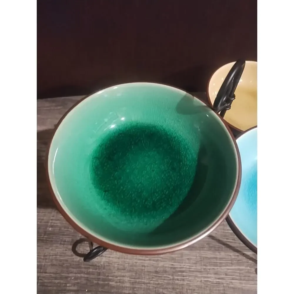 Pier 1 Crackle Bottom Blue Green Yellow Bowls Stoneware Ramekin Dip Set Stand
